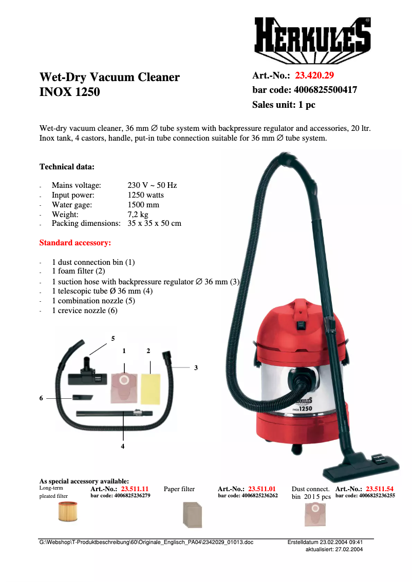 Image de la première page du manuel de l'appareil INOX 1250