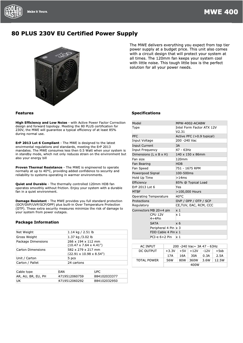 Página 1 del manual Ficha técnica Cooler Master MWE 400