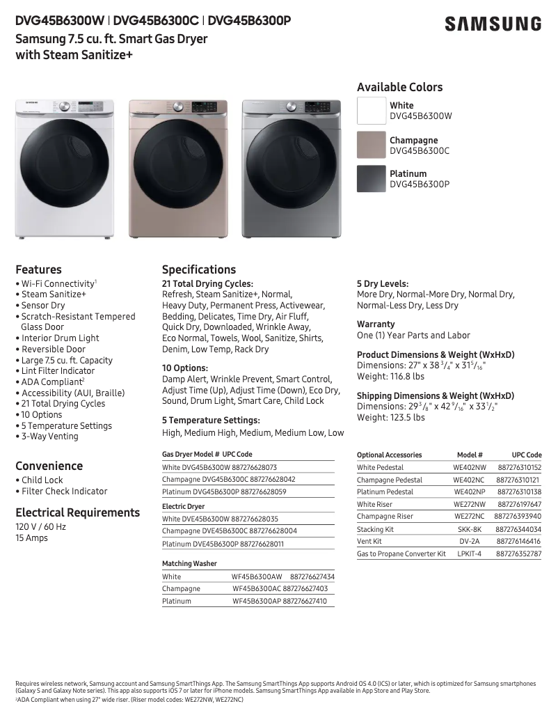Página 1 del manual Ficha técnica Samsung DVG45B6300W