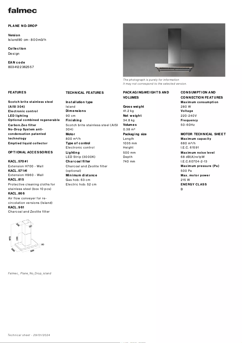 Page 1 de la notice Fiche technique Falmec Plane No-Drop