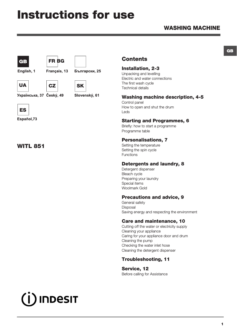Página 1 del manual Manual de usuario Indesit WITL 851 (EU)