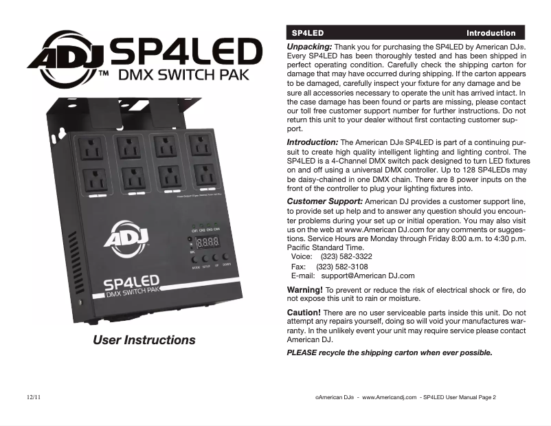 Page 1 de la notice Manuel utilisateur American DJ SP4LED