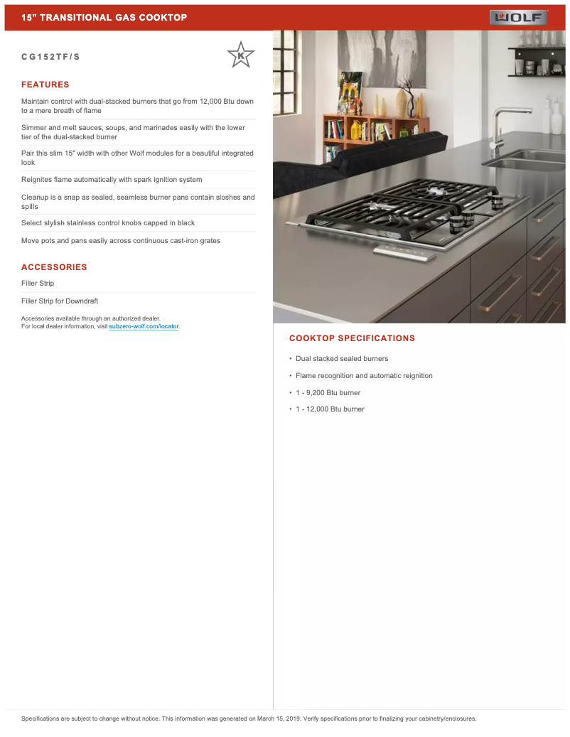 Page 1 de la notice Fiche technique Wolf CG152TF/S/LP