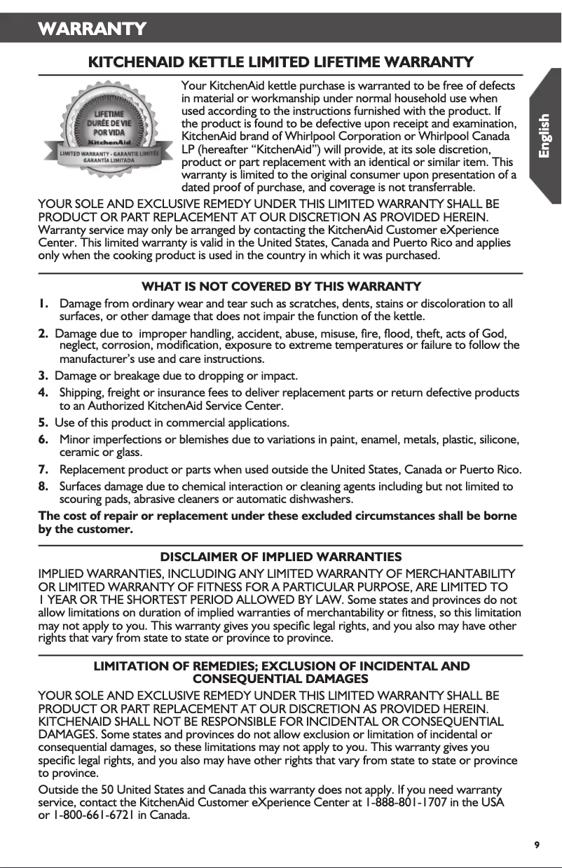 Page 1 de la notice Informations de garantie KitchenAid KTEN20SB