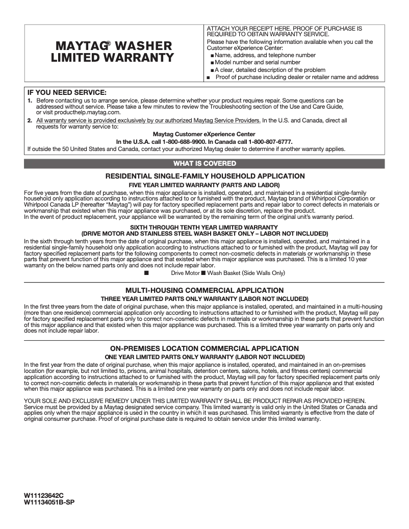Page 1 de la notice Informations de garantie Maytag MVWP586GW