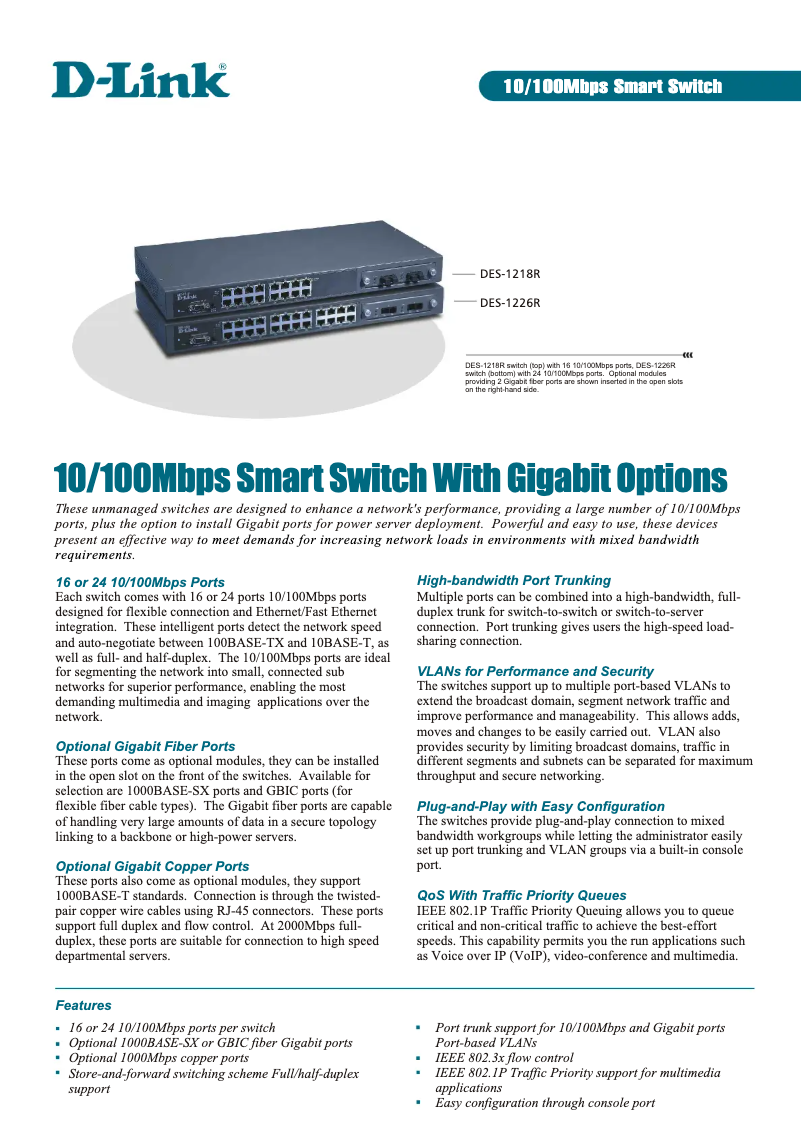 Page 1 de la notice Fiche technique D-Link DES-1218R