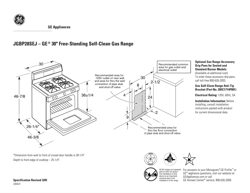 Page 1 de la notice Fiche technique GE JGBP28SEJSS