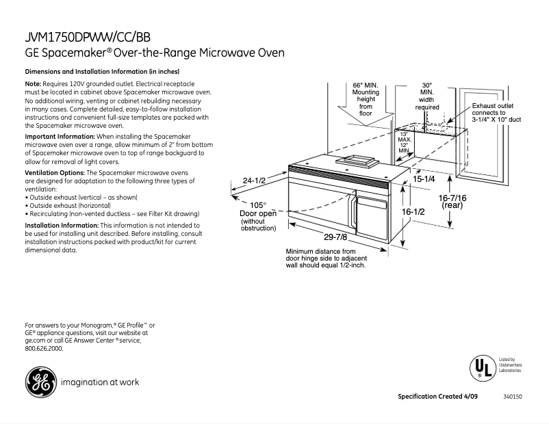 Page 1 of the manual Technical Sheet GE Spacemaker JVM1750DPCC