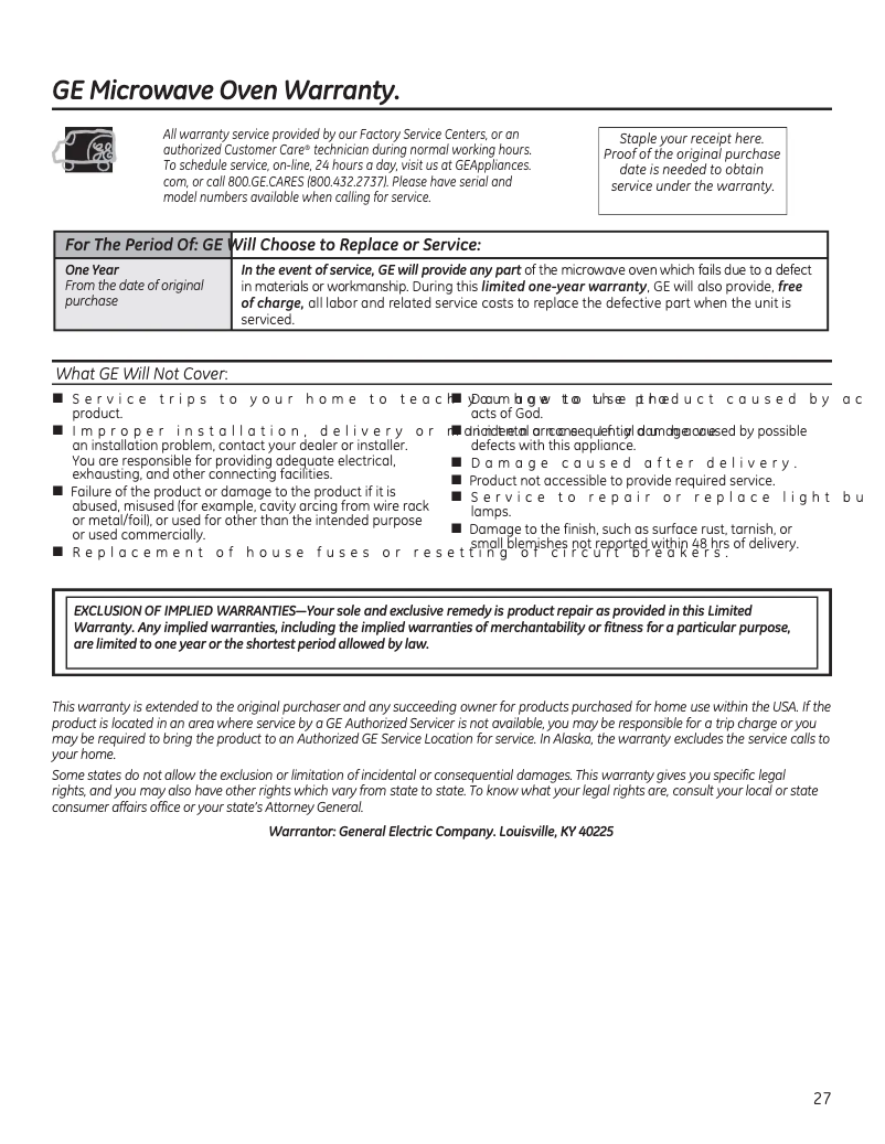 Página 1 del manual Información de garantía GE JNM7196DKBB