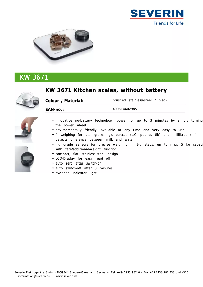 Page 1 of the manual Technical Sheet Severin KW 3671