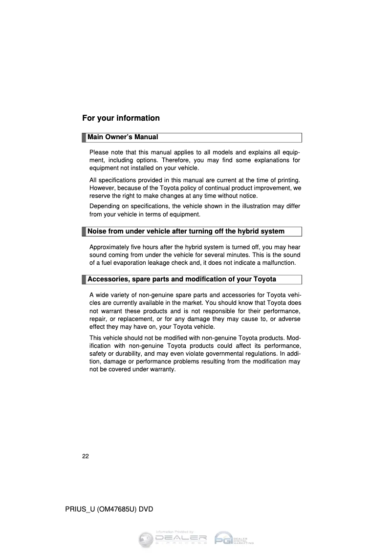 Page 1 de la notice Manuel utilisateur Toyota Prius (2011)