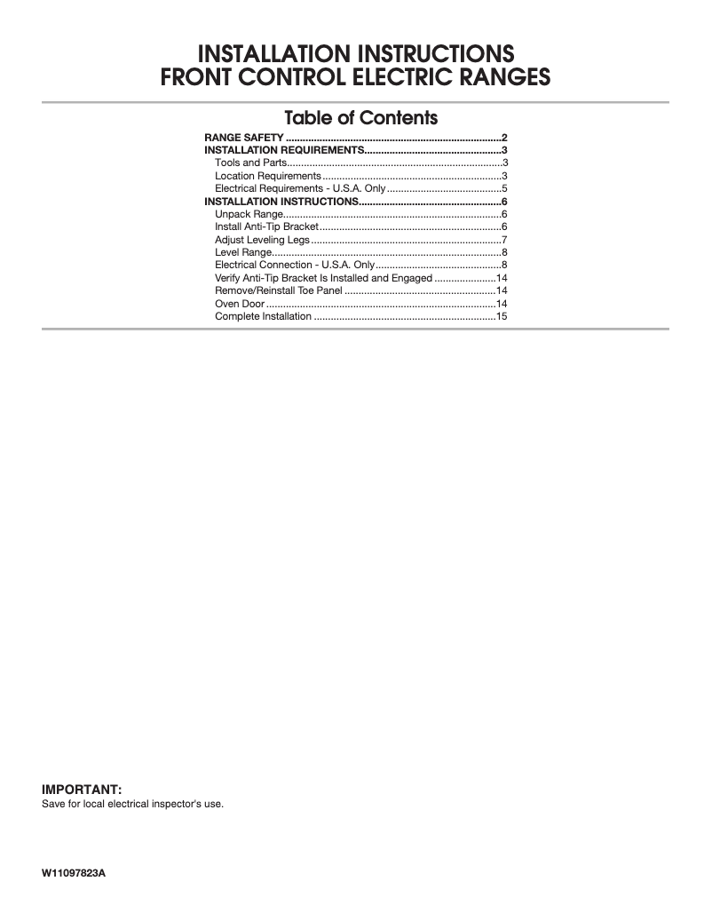 Página 1 del manual Guía de instalación Whirlpool WEE510SAGW