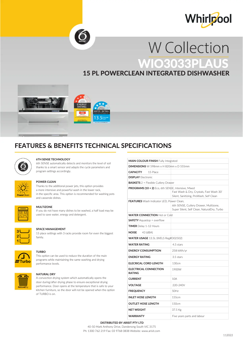 Página 1 del manual Ficha técnica Whirlpool WIO3033PELAUS