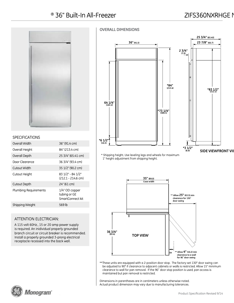 Página 1 del manual Ficha técnica GE ZIFS360NXRH