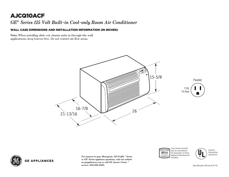 Page 1 of the manual Technical Sheet GE AJCQ10ACF