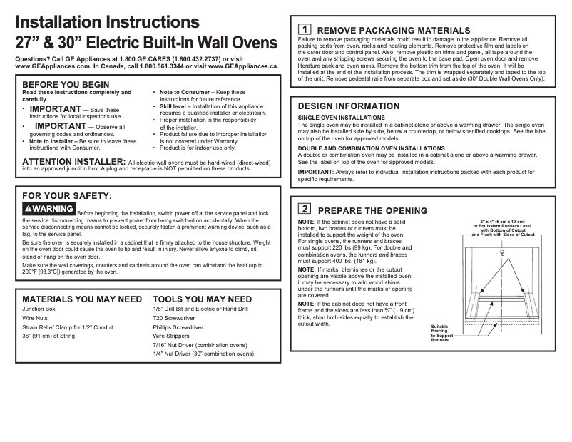Page n°1 - Guide d'installation GE PT7050EHES Profile