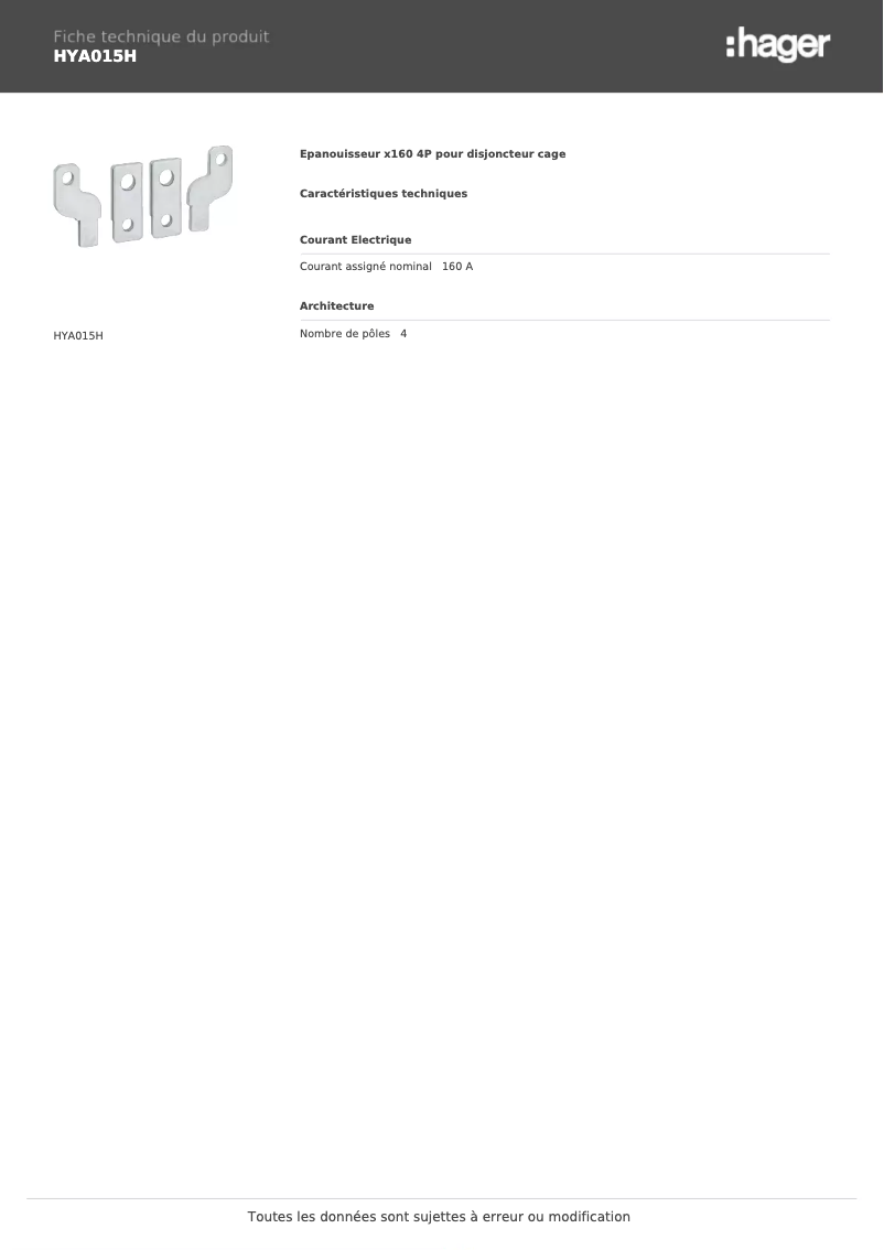 Page 1 de la notice Fiche technique Hager HYA015H
