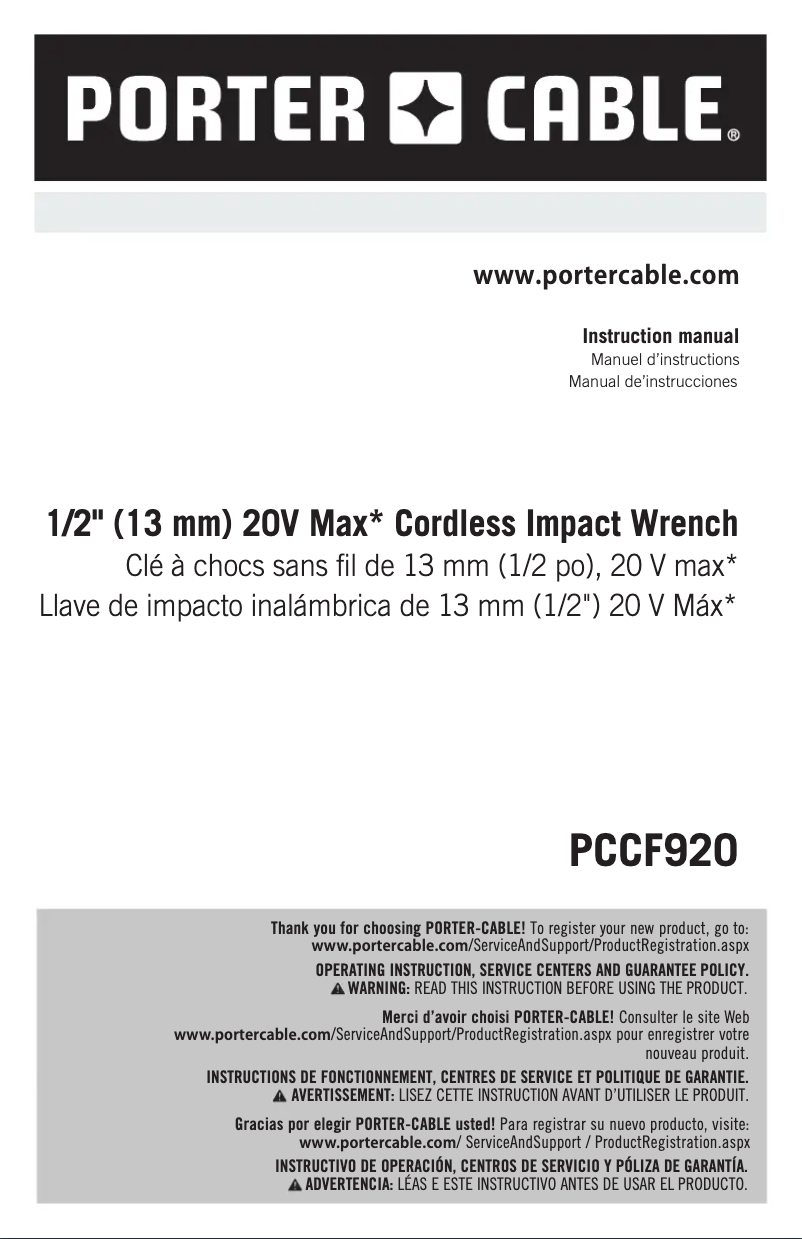 Page 1 de la notice Manuel utilisateur Porter-Cable PCCF920