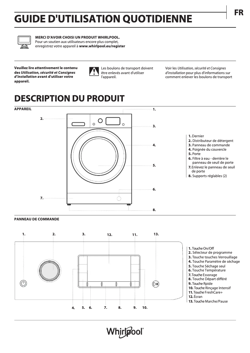 Page 1 de la notice Manuel utilisateur Whirlpool FWDD 1071682 WSV EU N