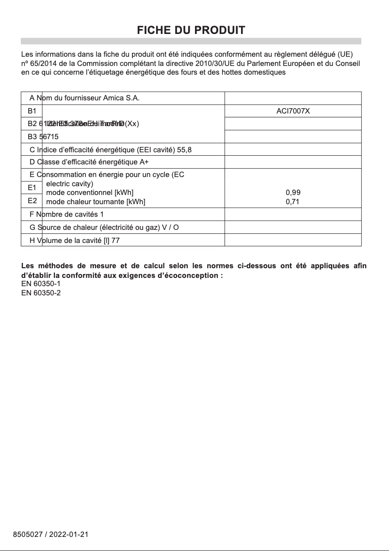Page 1 de la notice Fiche technique Amica ACI7007X