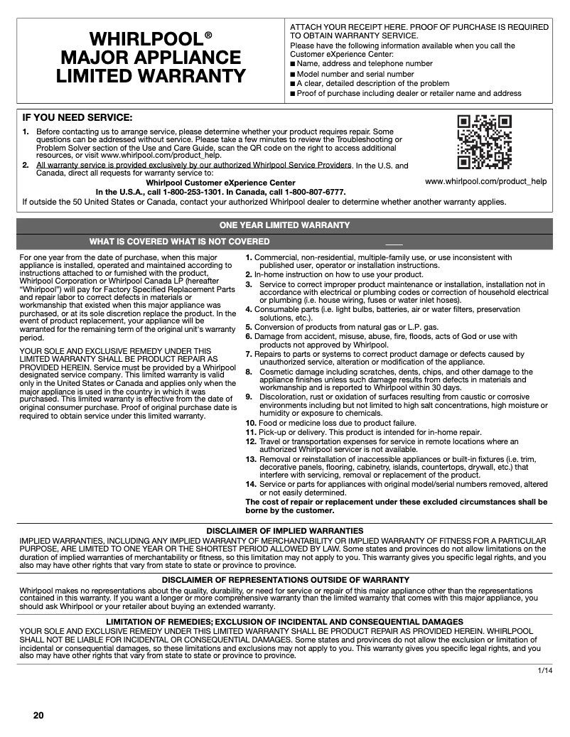Page 1 de la notice Informations de garantie Whirlpool WRT311FZDT