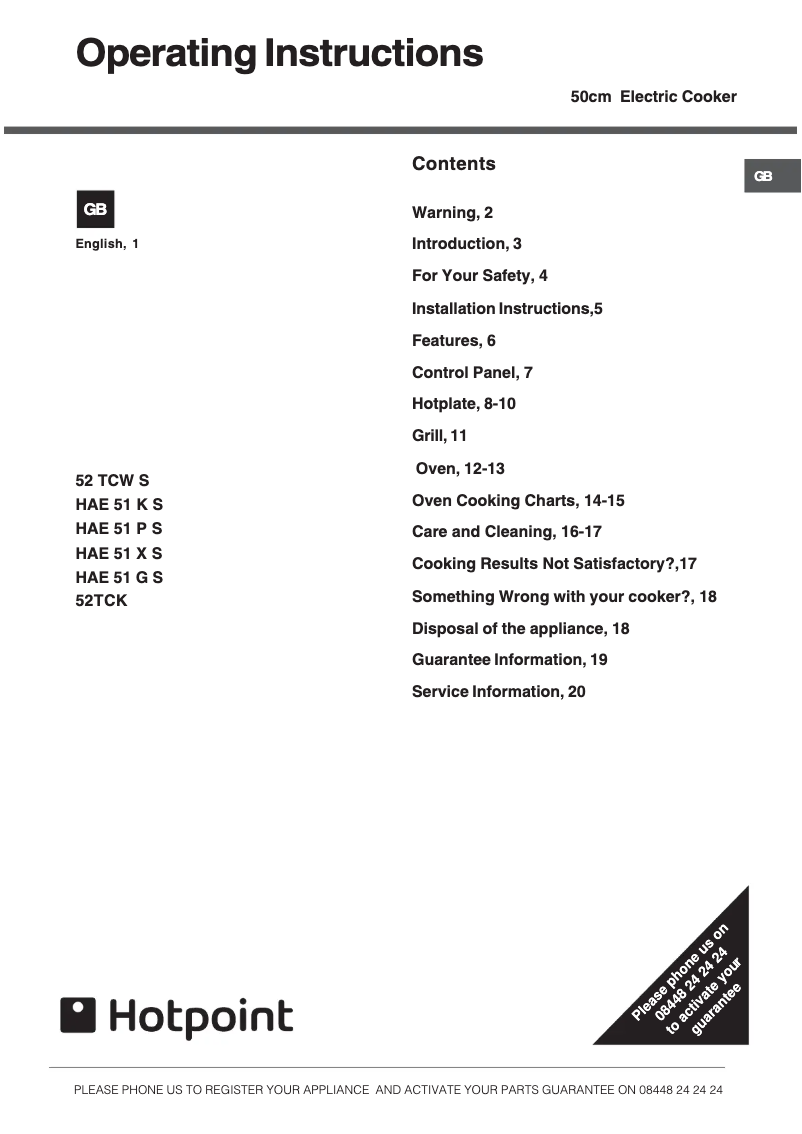 Page 1 de la notice Manuel utilisateur Hotpoint HAE51PS