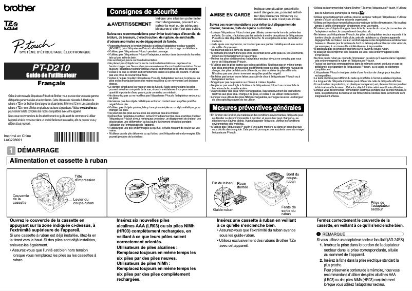 Page 1 de la notice Manuel utilisateur Brother PT-D210