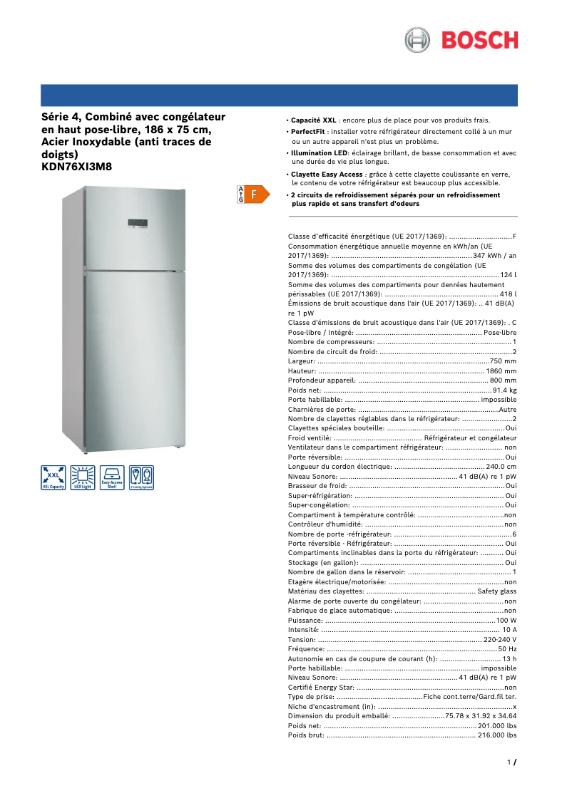 Page 1 de la notice Fiche technique Bosch KDN76XI3M8