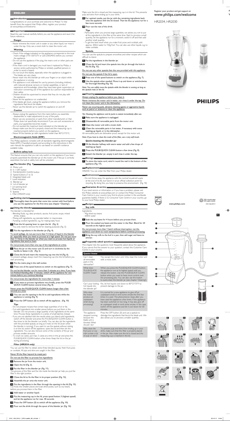 Page 1 de la notice Manuel utilisateur Philips HR2034