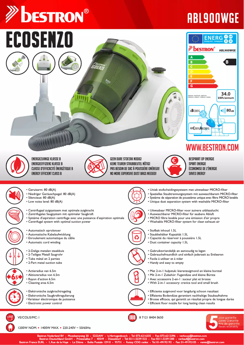 Page 1 de la notice Fiche technique Bestron Ecosenzo ABL900WGE