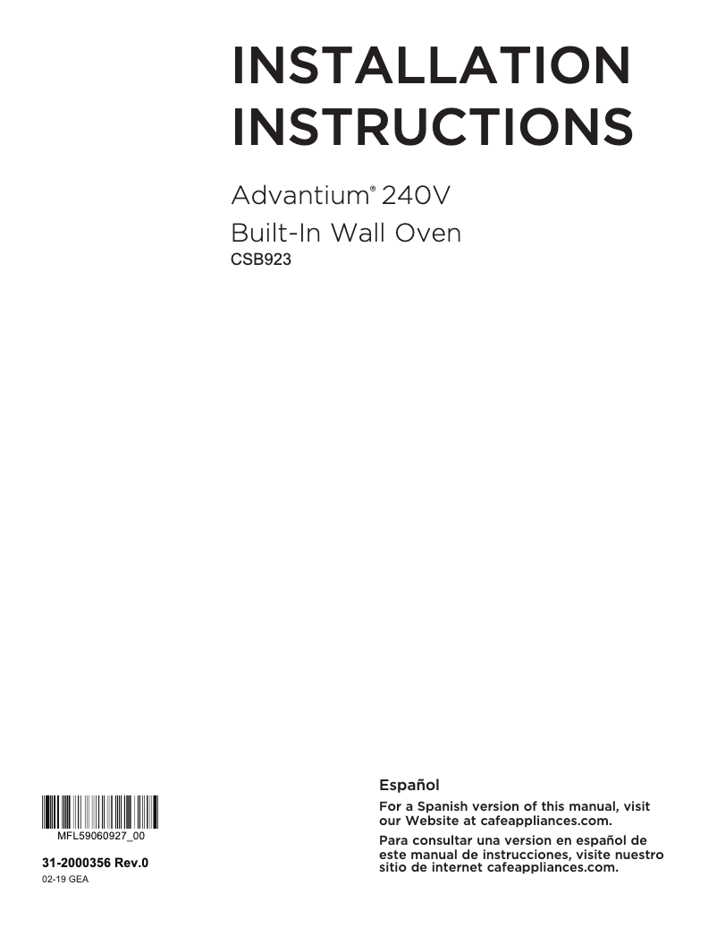 Page n°1 - Guide d'installation GE CSB923M2NS5