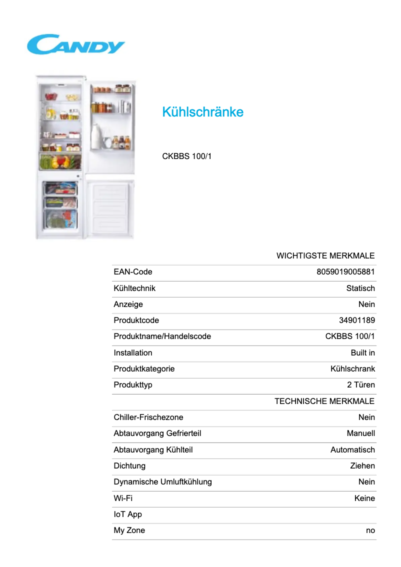 Page 1 de la notice Fiche technique Candy CKBBS 100/1