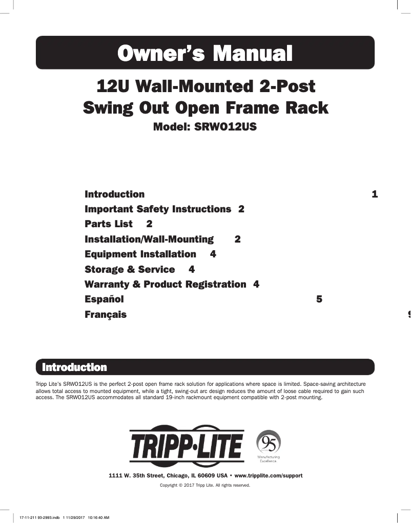 Page 1 de la notice Manuel utilisateur Tripp Lite SmartRack SRWO12US