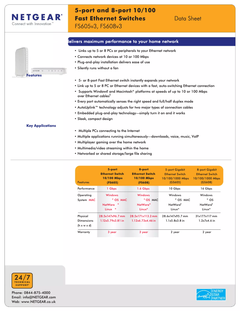 Page 1 de la notice Fiche technique Netgear ProSafe FS608v3
