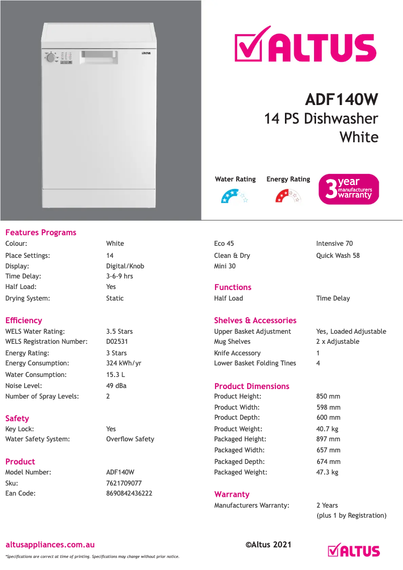 Página 1 del manual Ficha técnica Altus ADF140W
