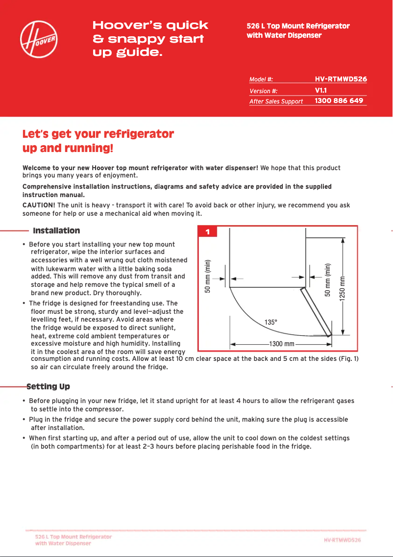 Page 1 of the manual Quick Start Guide Hoover HV-RTMWD526