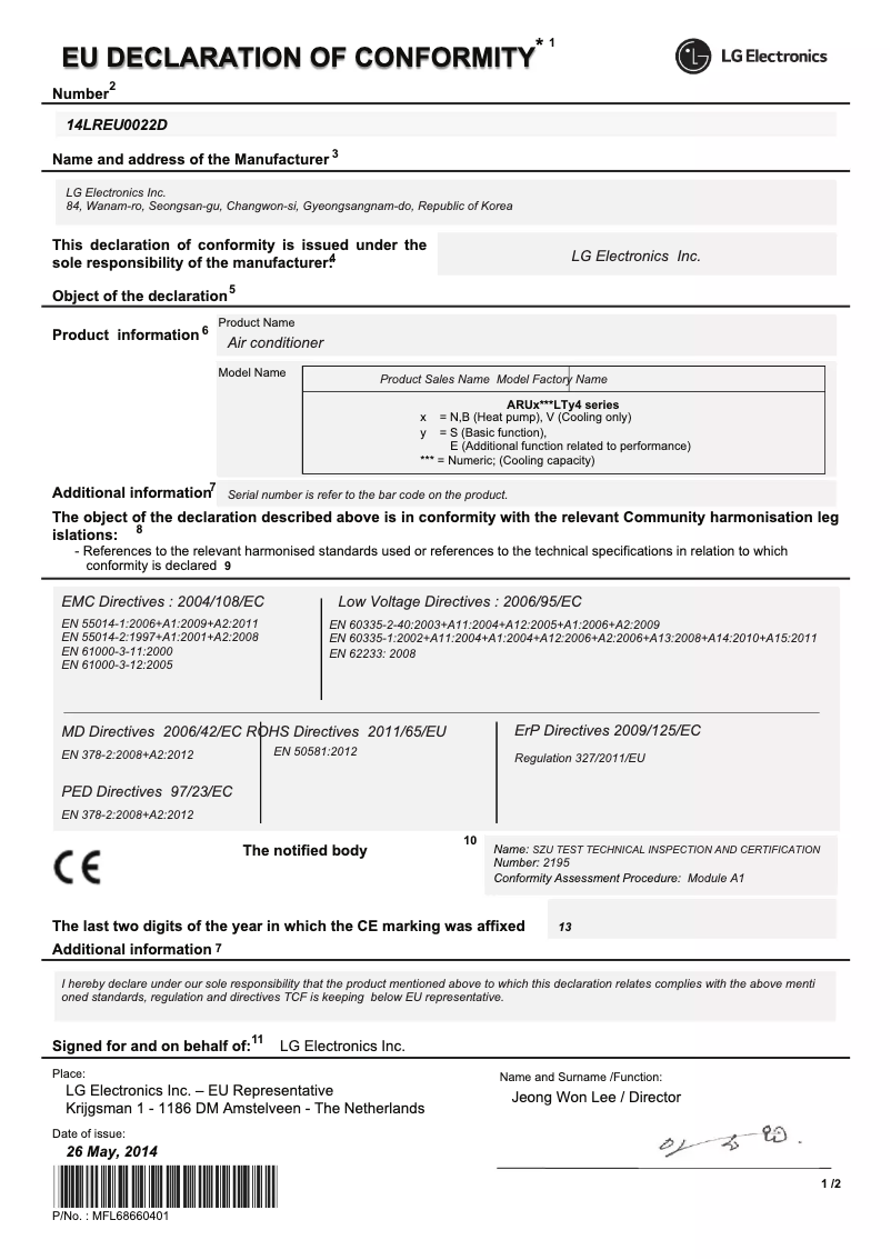 Page 1 de la notice Manuel utilisateur LG MULTI V ARUN180LLS4
