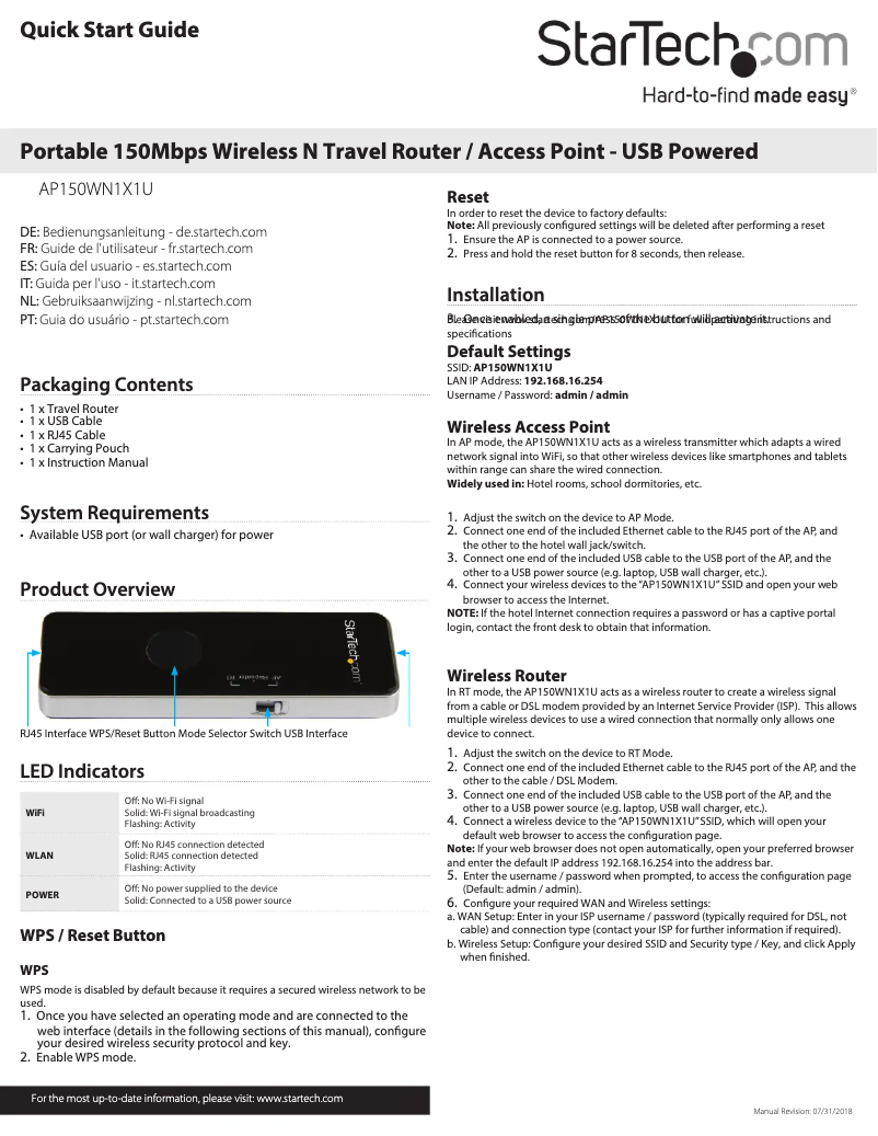 Page 1 de la notice Manuel utilisateur StarTech.com AP150WN1X1U