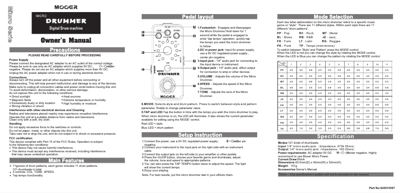 Page 1 de la notice Manuel utilisateur Mooer Micro Drummer
