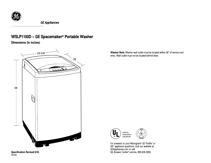 Página 1 del manual Ficha técnica GE WSLP1100DWW