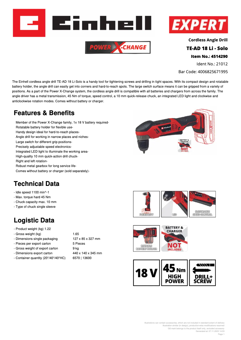 Página 1 del manual Ficha técnica Einhell TE-AD 18 Li