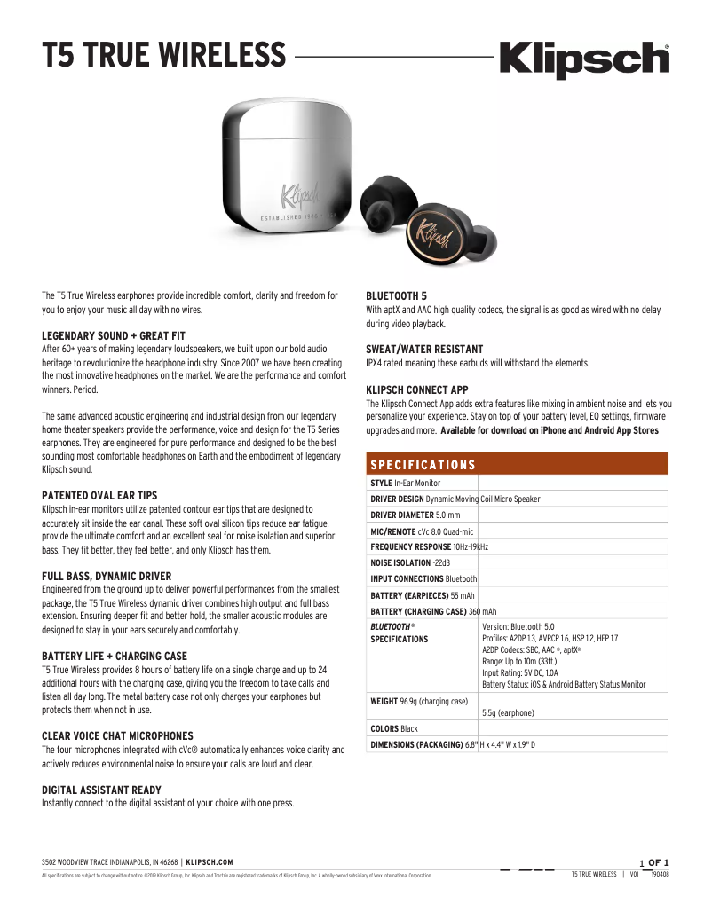 Page 1 de la notice Fiche technique Klipsch T5 True Wireless