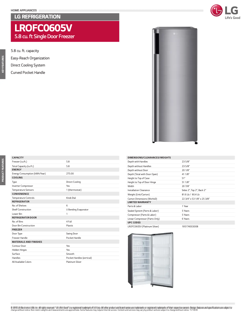 Page 1 de la notice Fiche technique LG LROFC0605V