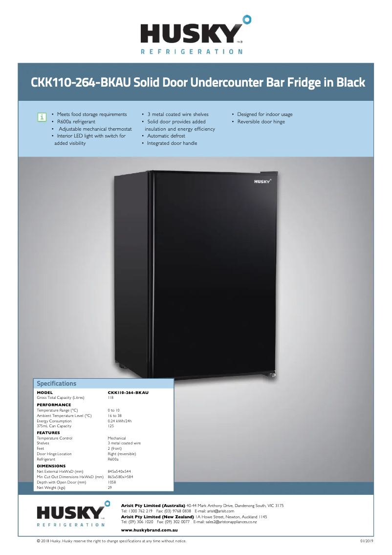 Página 1 del manual Ficha técnica Husky CKK110-264-BK-AU