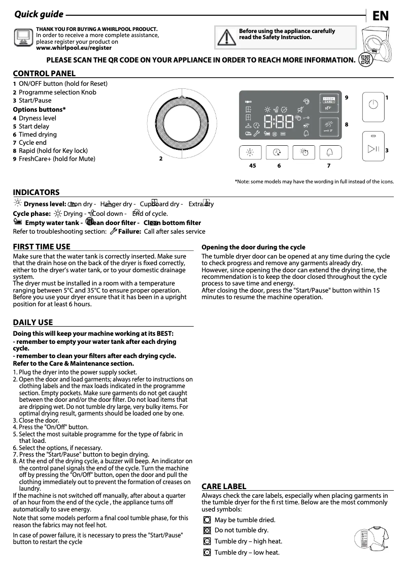 Página 1 del manual Manual de uso y mantenimiento Whirlpool FFT M11 9X2BS BE R