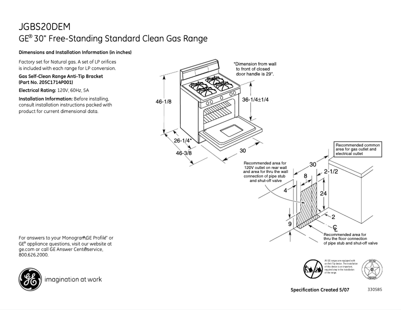 Page 1 de la notice Fiche technique GE JGBS20DEMWW