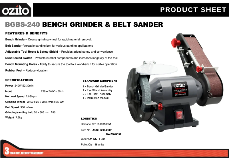 Page 1 de la notice Fiche technique Ozito BGBS-240