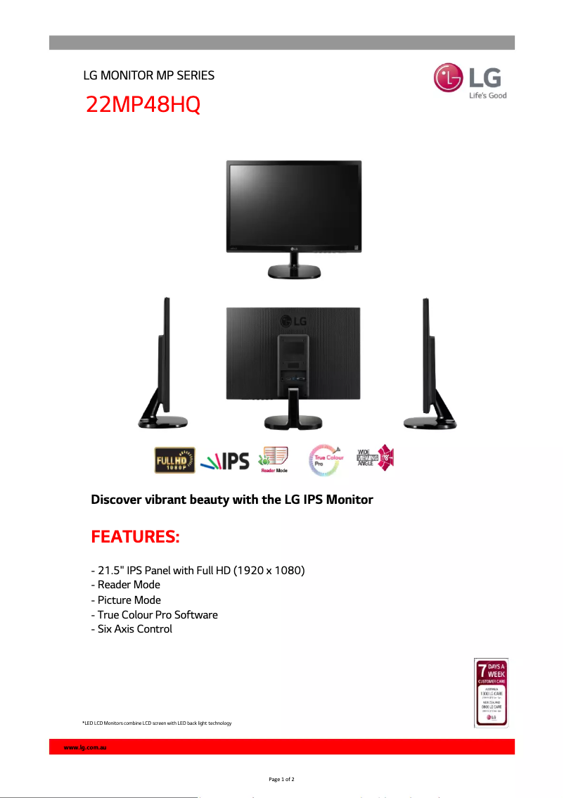 Page 1 de la notice Fiche technique LG 22MP48HQ
