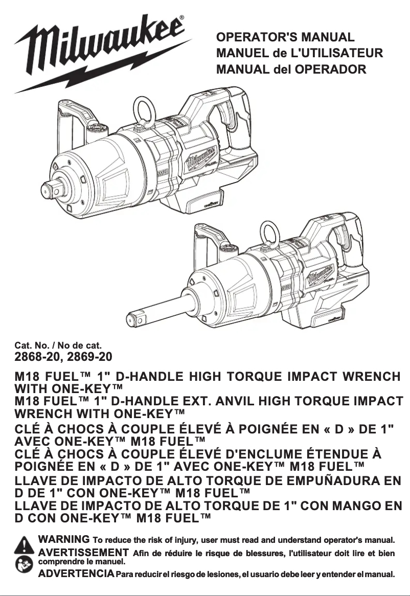 Page 1 de la notice Manuel utilisateur Milwaukee M18 Fuel ONE-KEY 2869-22