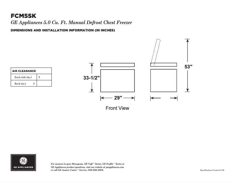 Page 1 of the manual Technical Sheet GE FCM5SKWW
